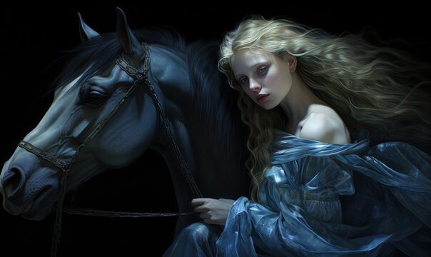 fairytale illustration of a woman in pretty gown dress with black horse, Generative Ai