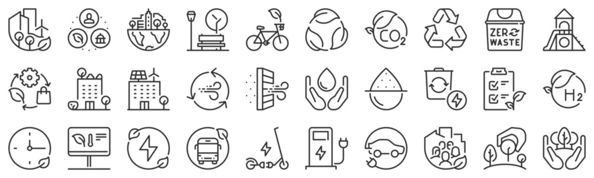 Line icons about green city with editable stroke.