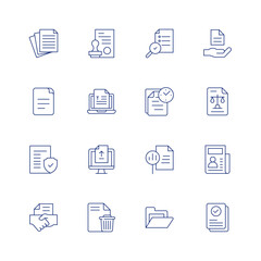 Document line icon set on transparent background with editable stroke. Containing paper, stamp, file, text, legal document, upload, agreement, analysis, information, legal, report, time, folder.