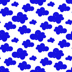 Vector color seamless pattern with hand-drawn schematic blue clouds on a white background. Shaded shapes. Handmade work. The texture is colored with markers