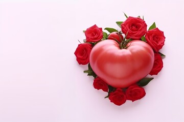 Heart shape with red roses on white background. Valentine's day concept.