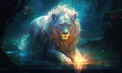 painting style illustration of spiritual lion in magic forest, Generative Ai