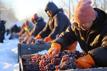 Fototapeta premium Braving extreme chill dedicated workers harvest grapes for ice wine 