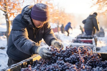 Braving extreme chill dedicated workers harvest grapes for ice wine  - obrazy, fototapety, plakaty