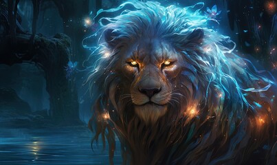 painting style illustration of spiritual lion in magic forest, Generative Ai