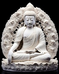 Fototapeta premium A marble Buddha statue against a black backdrop.