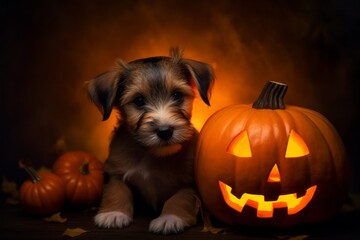 Small puppy with jack-o-lantern on dark orange background for Halloween