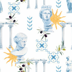 Beautiful seamless pattern with antique statue head bust of the Greek goddess Aphrodite and olives sun columns . Stock clipart watercolor hand drawn illustration.