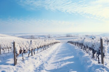 Panoramic white landscape of snow-laden vineyards in ice wine season 