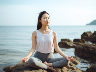 Fototapeta na wymiar young woman meditatiing on the beach