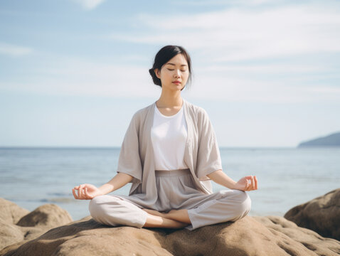 young woman meditatiing on the beach