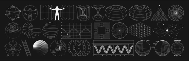 Wireframe of geometric shapes. 3D retro futuristic blueprints of spheres, landscapes, diagram, graphs. Vector set of graphics for design