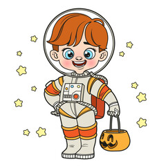 Cute cartoon boy in a Halloween astronaut spacesuit  with pumpkin for sweets color variation for coloring page on white background