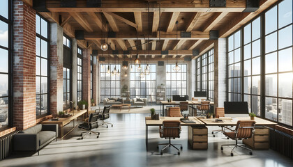  modern loft-style office space, devoid of people, accentuating exposed brick walls, wooden beams, and a harmonious blend of contemporary furniture with vintage elements. Expansive windows offer a pan