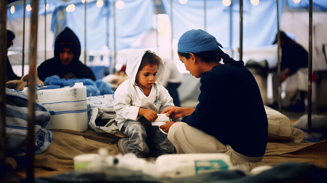 Brighter Tomorrow: Young Boy with Aid Worker getting medical help in a Middle Eastern Crisis Zone