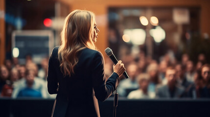 Back view of professional female business entrepreneur giving lecture, seminar in front of audience holding microphone