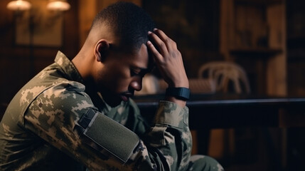 An American soldier with ptsd sits sad
 - obrazy, fototapety, plakaty