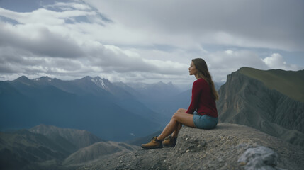 Fototapeta premium Women sit on the mountaintop to relax