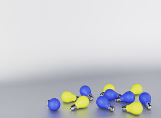 3D lightbulbs, energy power consumption concept.Blue-yellow Ukrainian symbol of country, national patriotic sign for Independence day. 3D Rendering illustration