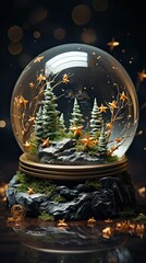 Rustic image of a Christmas snow globe surrounded by pine branches, cinnamon sticks and a warm gray scarf. Christmas snow globe. Generative AI