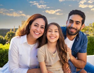 Portrait of family,  white woman, latin man and a child smiling, mixed raced family smiling