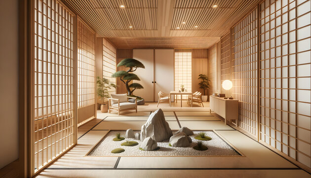 A calming zen-inspired office area, without people, highlighting bamboo partitions, a central rock garden, and tatami mat flooring. The soft ambient light elevates the serene atmosphere