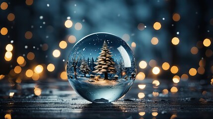 Fototapeta na wymiar Snow Ball With Christmas Tree In It And Lights On Winter Background. Christmas snow globe. Generative AI