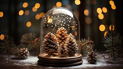 Handmade snow globes and fir cones on light table. Christmas snow globe. Generative AI