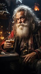 Obraz premium Bad Santa celebrating Christmas at home alone, he is drinking beer and smoking a cigar. Cool Christmas concept. Generative AI