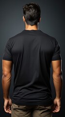 Young male in blank black t-shirt, front and back view, isolated white background. Mockup template design. Generative AI - obrazy, fototapety, plakaty