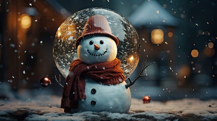 A snowstorm is present while a snowman is depicted in a glass Christmas globe. Christmas snow globe. Generative AI