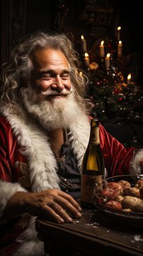 Naklejki Drunk and happy Santa Claus lying on the floor with a bottle of wine. Cool Christmas concept. Generative AI