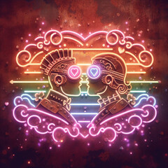 steampunk king and queen in love neon sign valentine illustration concept rusty background