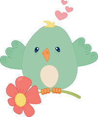 Cute bird in love carries a flower. Vector colorful illustration for card, poster or banner	