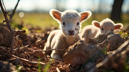 Spring lambs. Farm animals on field. Agriculture environment illustration. Generative AI