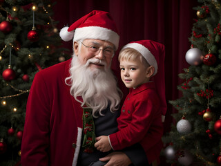 Fototapeta na wymiar Santa Claus and little boy at the Christmas tree. Christmas and New Year.generated with ai