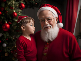 Fototapeta na wymiar Santa Claus with a little boy at the Christmas tree in the room.generated with ai