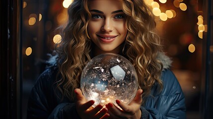 Naklejka premium Side close up portrait of a joyful young woman holding a snow globe. Christmas snow globe. Generative AI