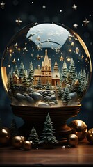 Christmas snow globe on wooden background. Christmas snow globe. Generative AI