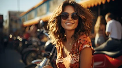 Foto op Plexiglas Happy attractive young woman in sunglasses sitting on skateboard over background. Model illustration. Generative AI © tanyastock