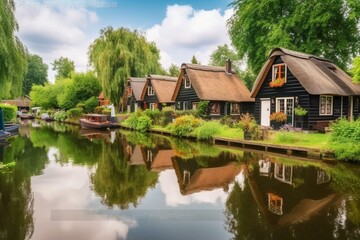 Fototapeta na wymiar Wide view of scenic Giethoorn water village in the Netherlands. Generative AI