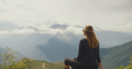 Fototapeta premium Women sit on the mountaintop to relax