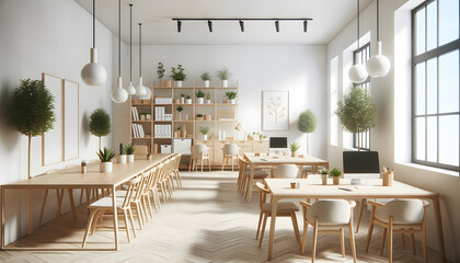 A Scandinavian-inspired office setting without individuals, accentuating light wooden furniture, pristine white walls, minimalist decor, and a few strategically placed potted plants