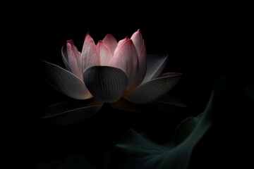 Black lotus flower in dark background. Nature leaf waterlily light plant. Generate Ai - obrazy, fototapety, plakaty