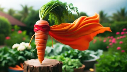 Superhero Carrot in a Vibrant Garden - obrazy, fototapety, plakaty