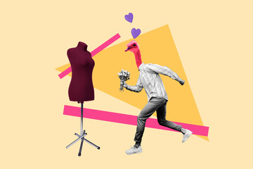 Composite collage excited running with bunch fresh tulips head mask ostrich man give for inanimate mannequin isolated on yellow background
