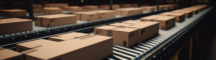 Multiple cardboard box packages moving along a conveyor belt in a warehouse center. E-commerce concept, delivery, automation and products. Generative AI. - obrazy, fototapety, plakaty