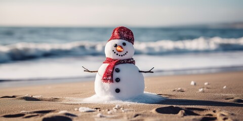A sandy snowman built on the beach, adorned with seashell buttons and coral arms, wearing a Santa hat, with the clear blue ocean waves gently rolling in the background, copy space - obrazy, fototapety, plakaty
