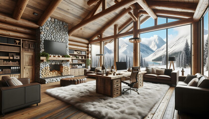 A mountain cabin-themed office without individuals, accentuating rustic wooden elements, a cozy stone fireplace, plush rugs, and windows that offer captivating views of a snow-clad mountain range