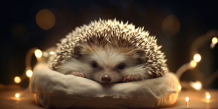 A sleeping hedgehog curled into a ball, surrounded by softly glowing fairy lights on a Christmas evening